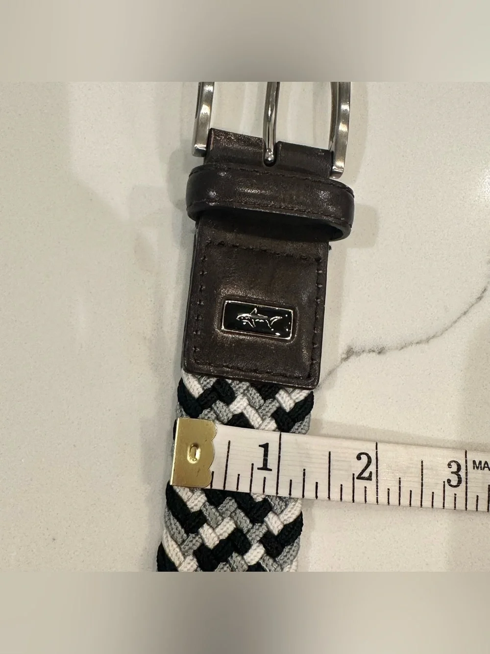 Greg Norman Braided Stretch Golf Belt 44 Black White Gray Herringbone Leather
